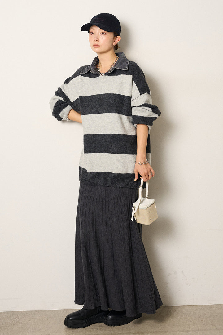 [SET]デニムカラーボーダールーズニット+編み地切り替えフレアニットスカート(2set)