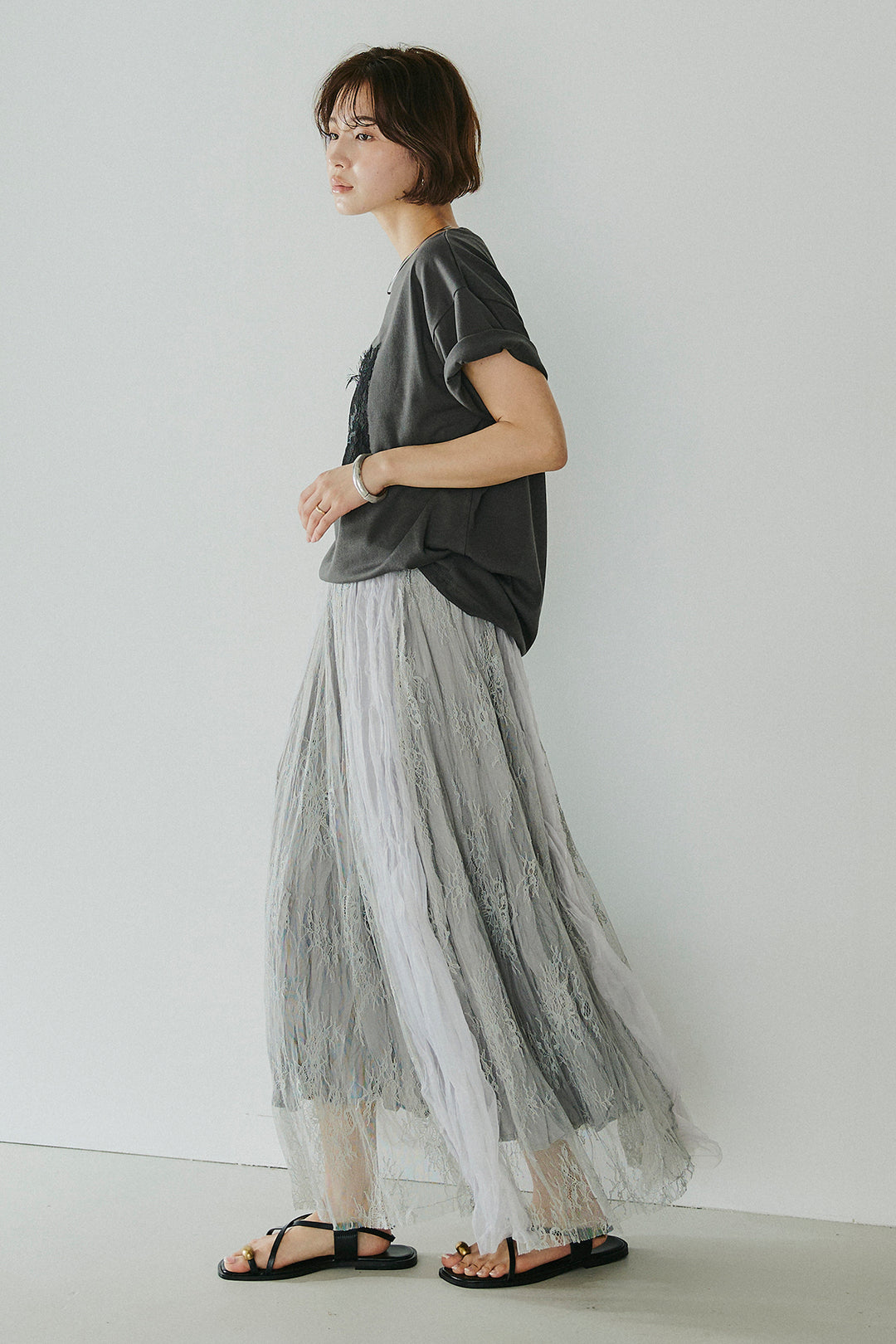 [SET]レースロゴ刺繍Tシャツ+レースコンビワッシャーギャザースカート(2set)