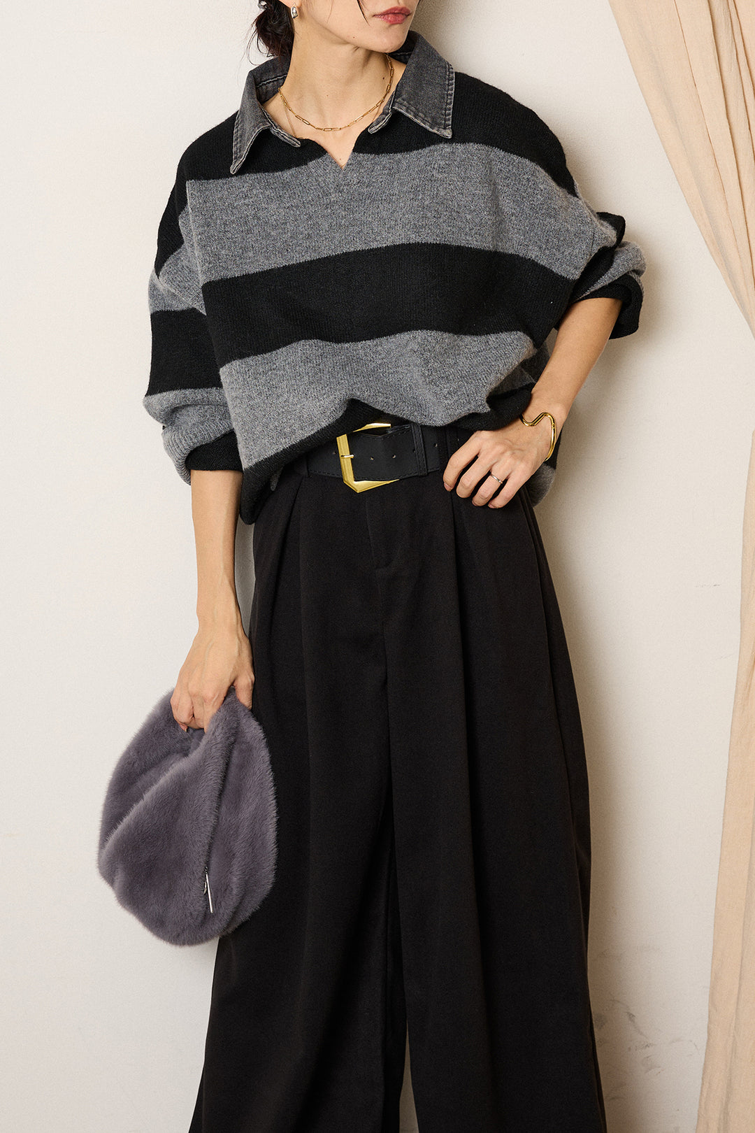 [SET]デニムカラーボーダールーズニット+ゴールドバックル太ベルト付きワイドパンツ(2set)