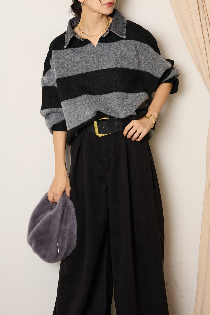 [SET]デニムカラーボーダールーズニット+ゴールドバックル太ベルト付きワイドパンツ(2set)