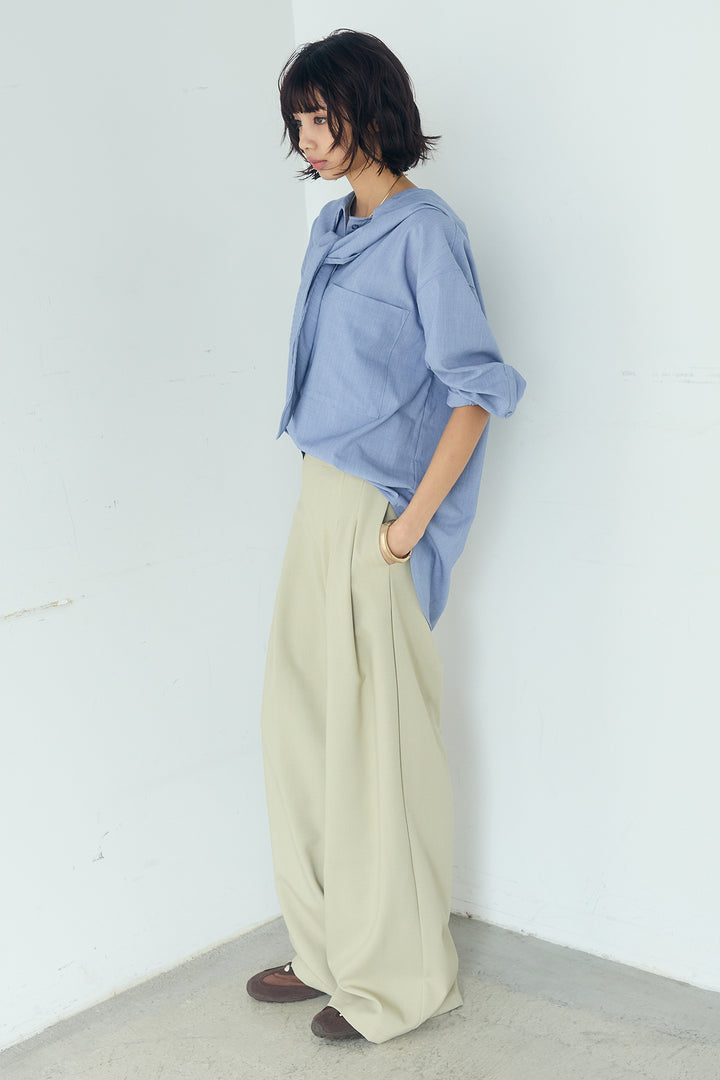 [SET]無地タイ付フーディーBIGシャツ+サイドベルトタック入りスラックス(2set)