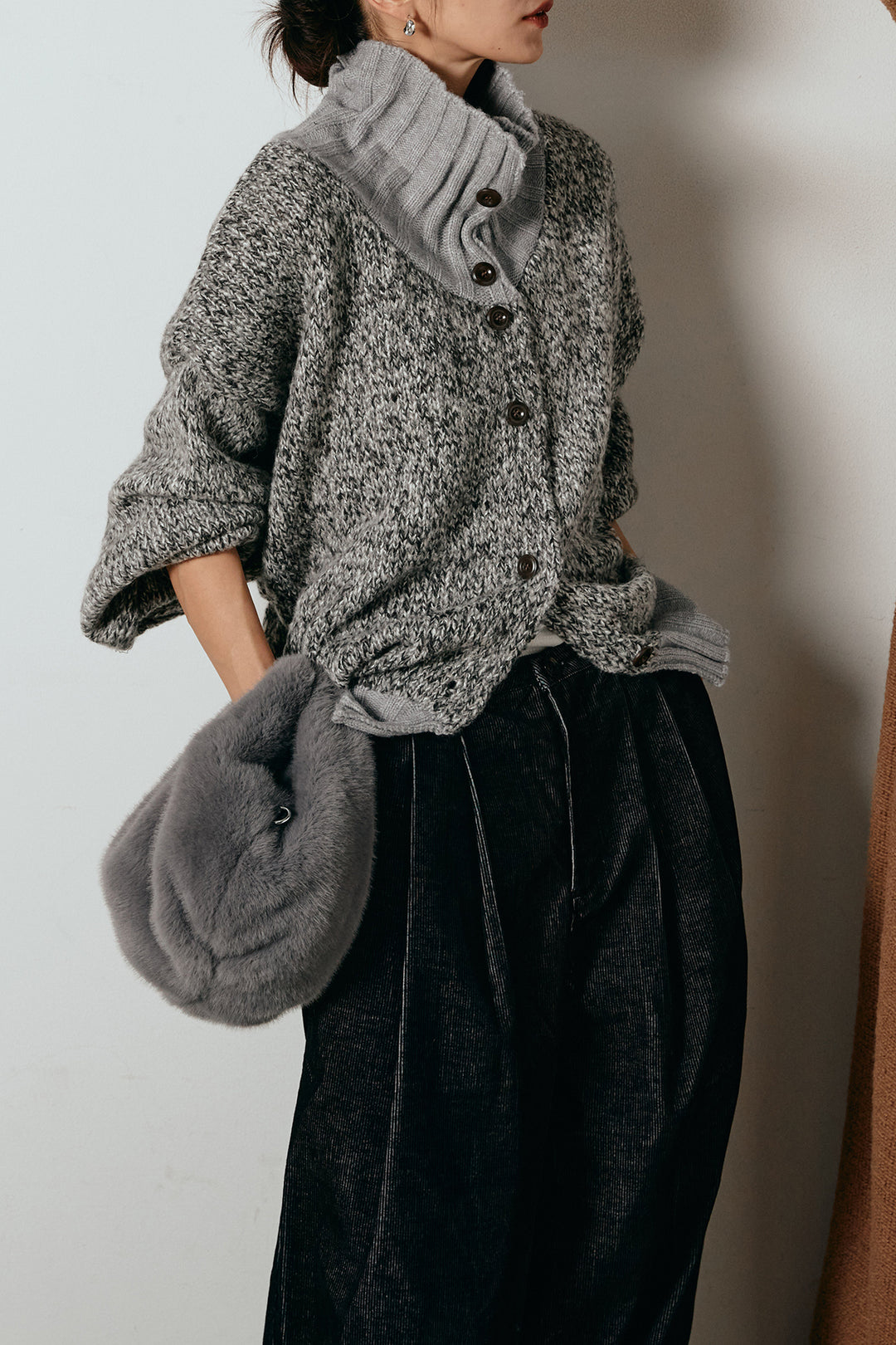 [SET]ハイネックミックスニットカーディガン+フロントタック入りコーデュロイパンツ(2set)