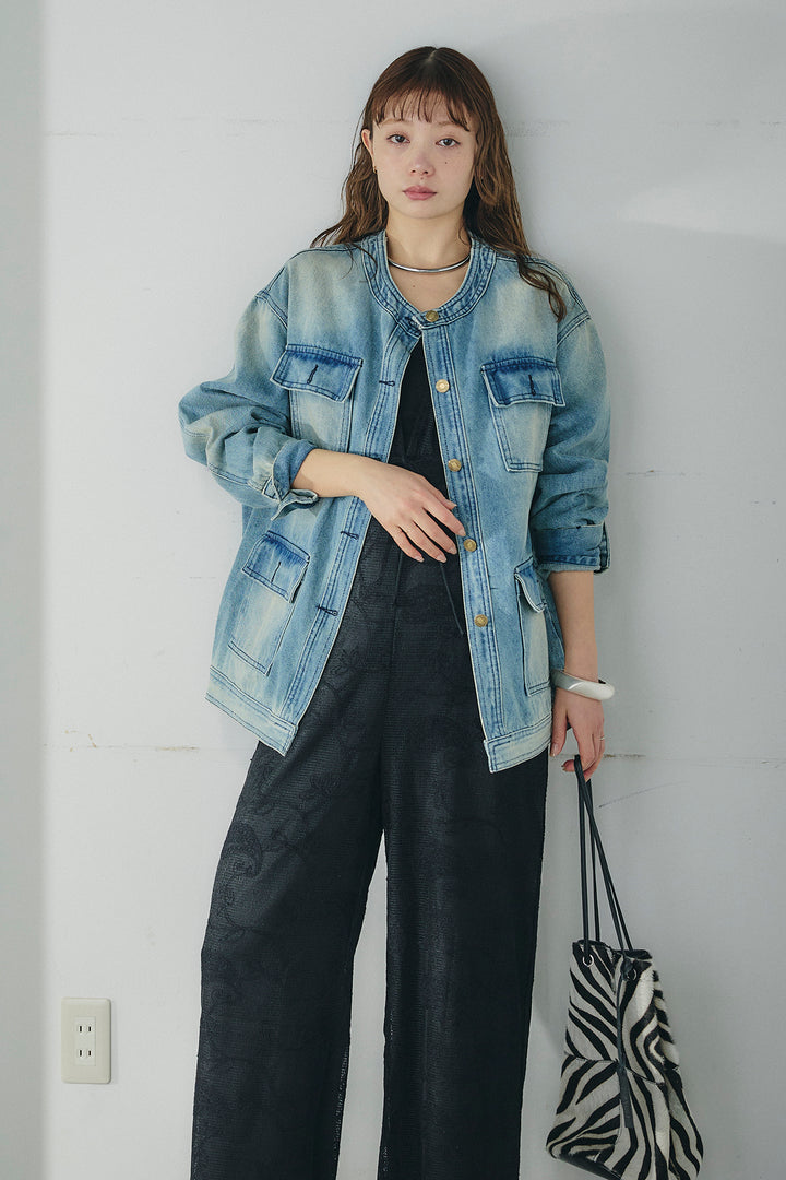 [SET]ノーカラーデニムポケットジャケット+レースサロペット(2set)