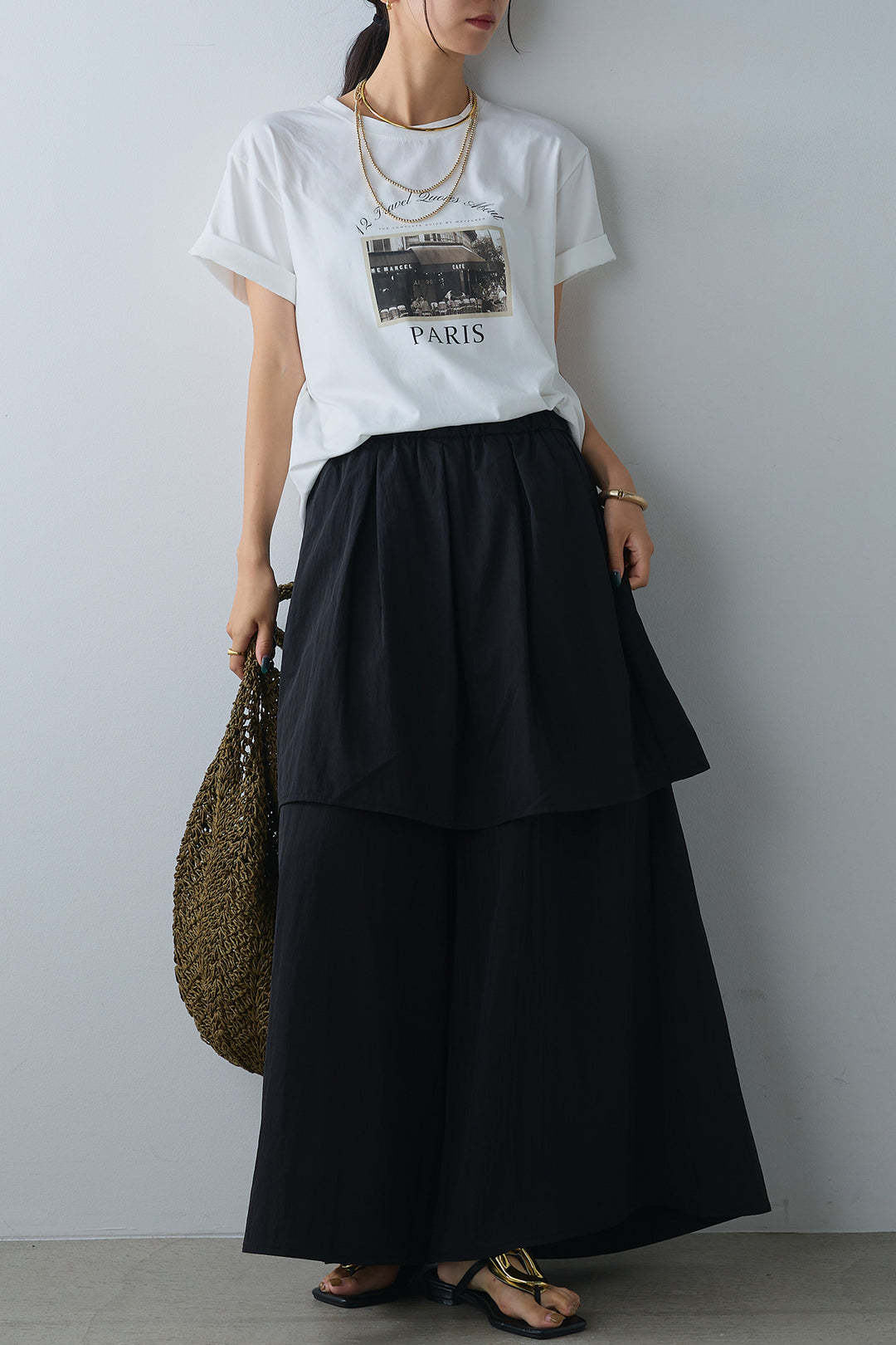 [SET]PARISフォトTシャツ+タックスカートドッキングフレアパンツ(2set)
