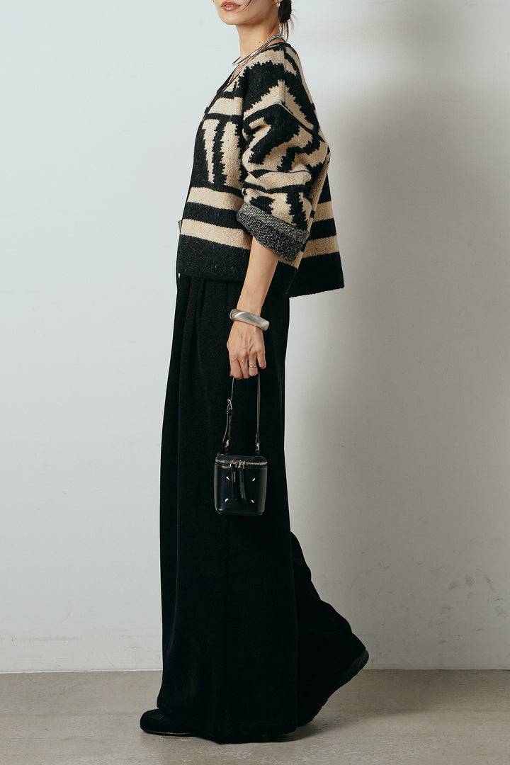 [SET]ノーカラー幾何学模様アウター+ベルトループコーデュロイワイドパンツ(2set)