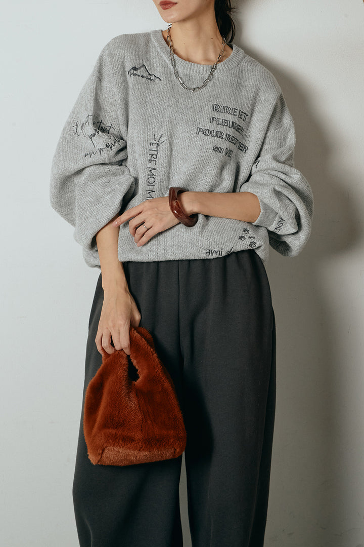 [SET]刺繍ロゴランダムデザインニットトップス+裏起毛スウェットワイドパンツ(2set)