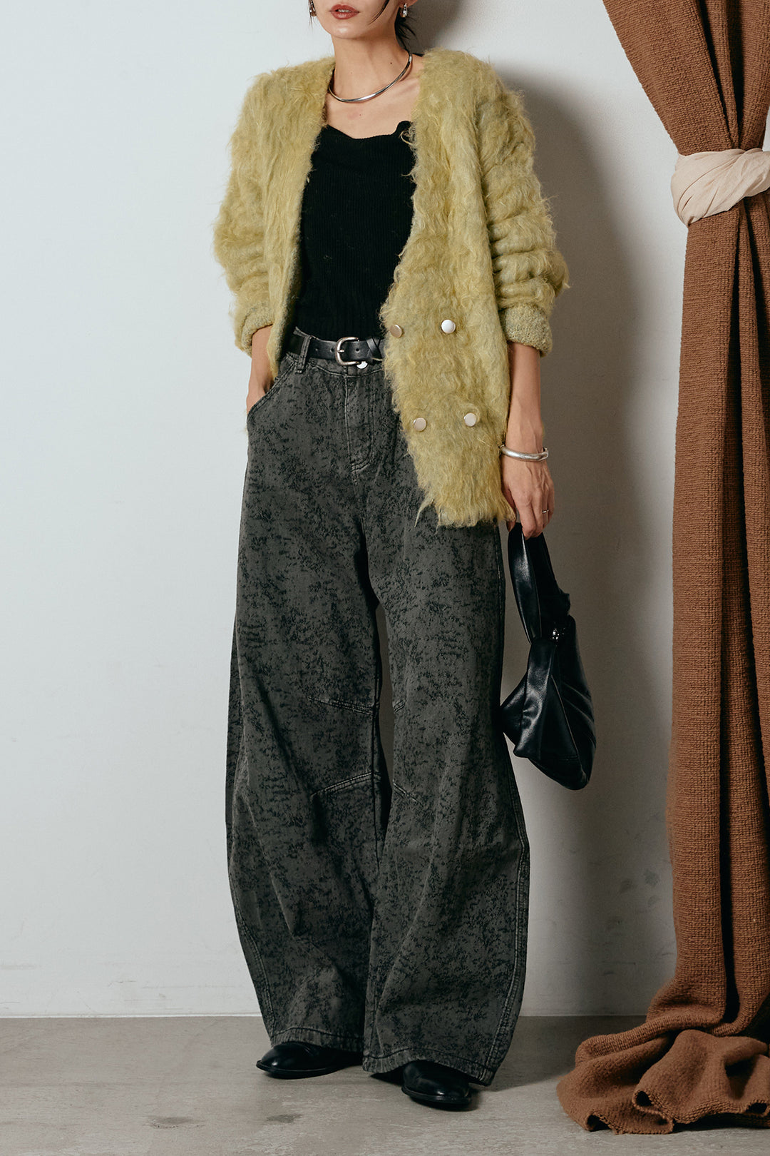 [SET]ウェーブシャギーニットジャケット+ベルト付きニュアンス柄カーブワイドパンツ(2set)