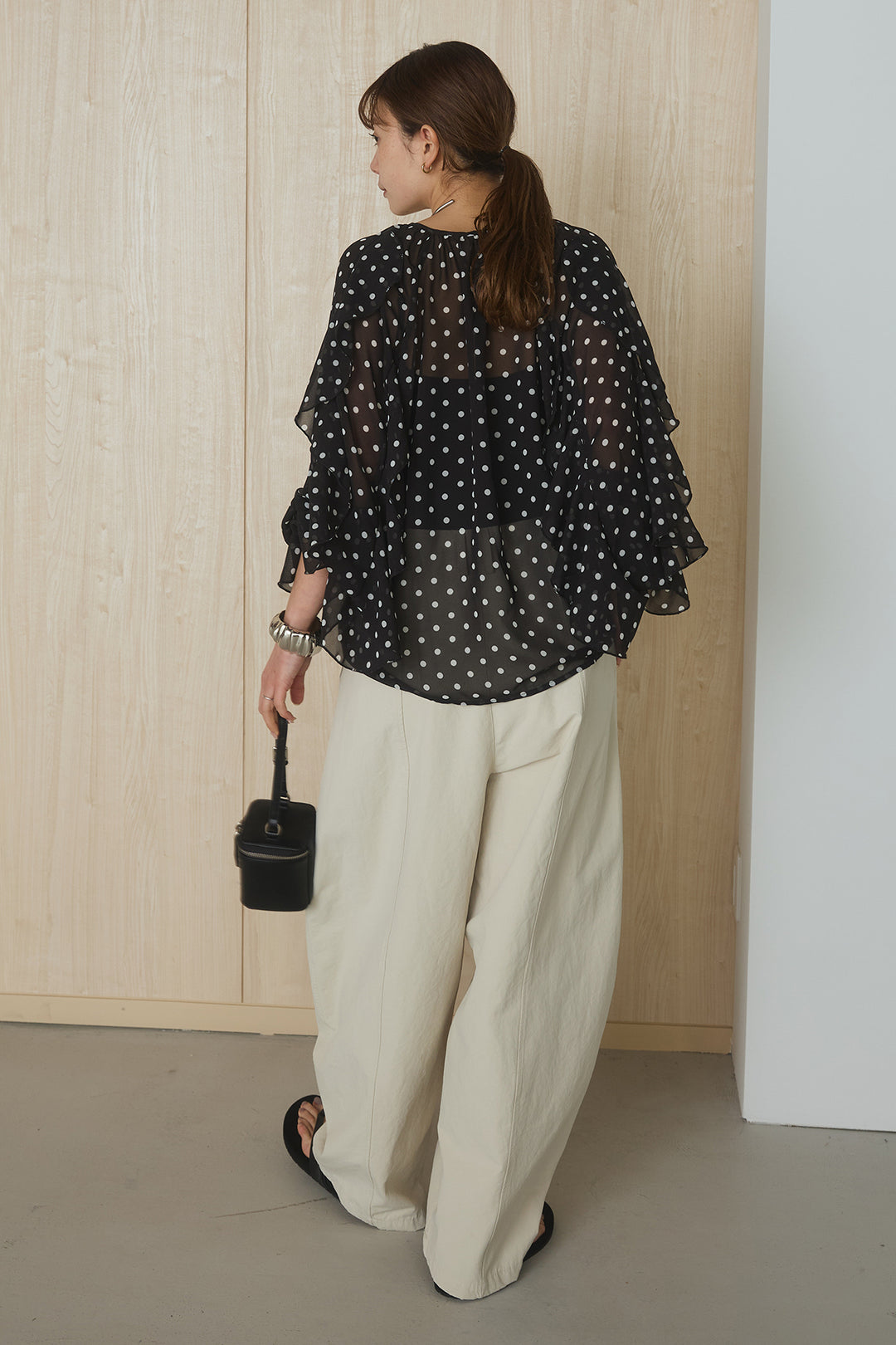 [SET]ドットフリル長袖ブラウス+コットンポリツータックセンターシームカーブパンツ(2set)