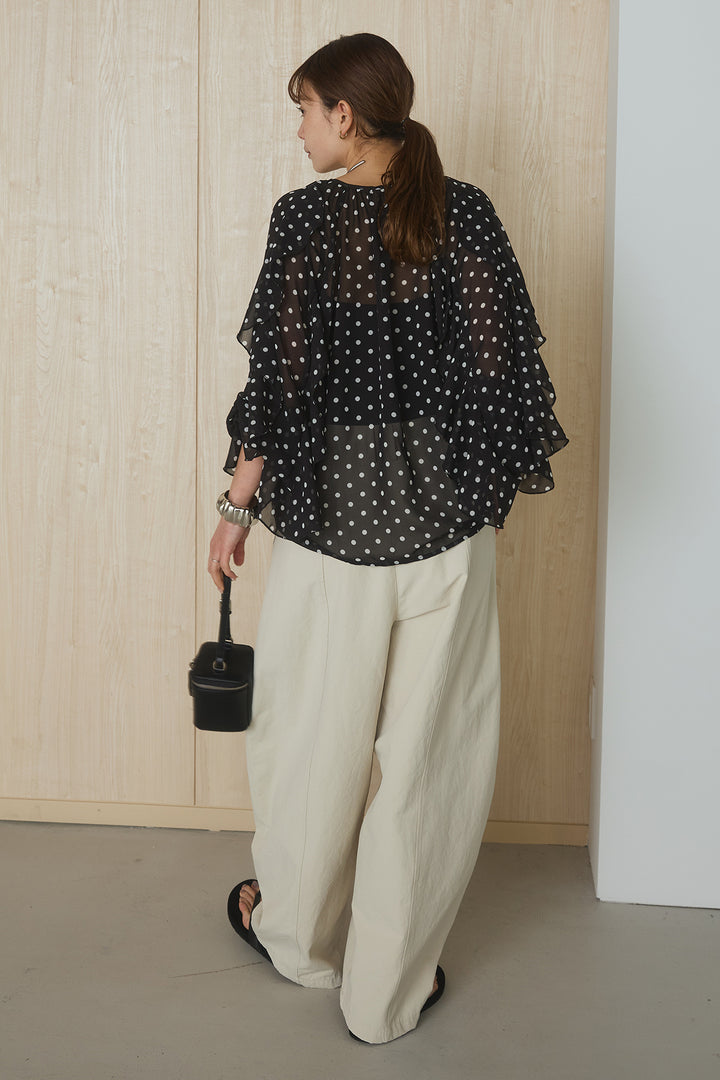 [SET]ドットフリル長袖ブラウス+コットンポリツータックセンターシームカーブパンツ(2set)