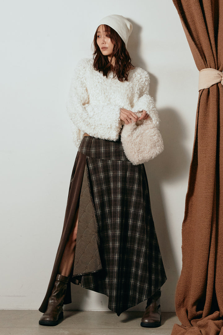 [SET]深Vネックチョウチョヤーンニットトップス+フェイクレザーベルト付き切り替えタータンチェックスカート(2set)