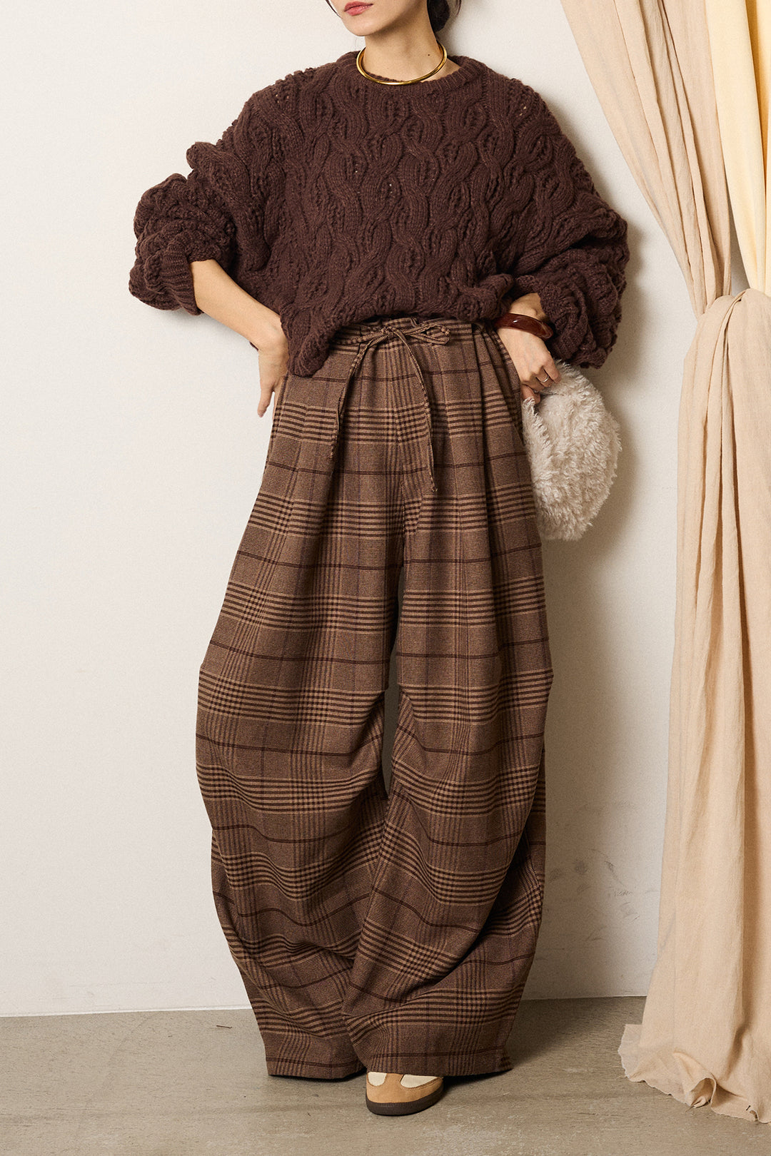 [SET]ケーブルリラックスショートニット+グレンチェックルーズタックパンツ(2set)