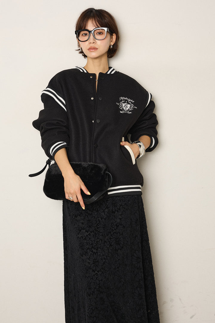 [SET]ワンポイントデザインブルゾン+花柄刺繍ベロアフレアスカート(2set)