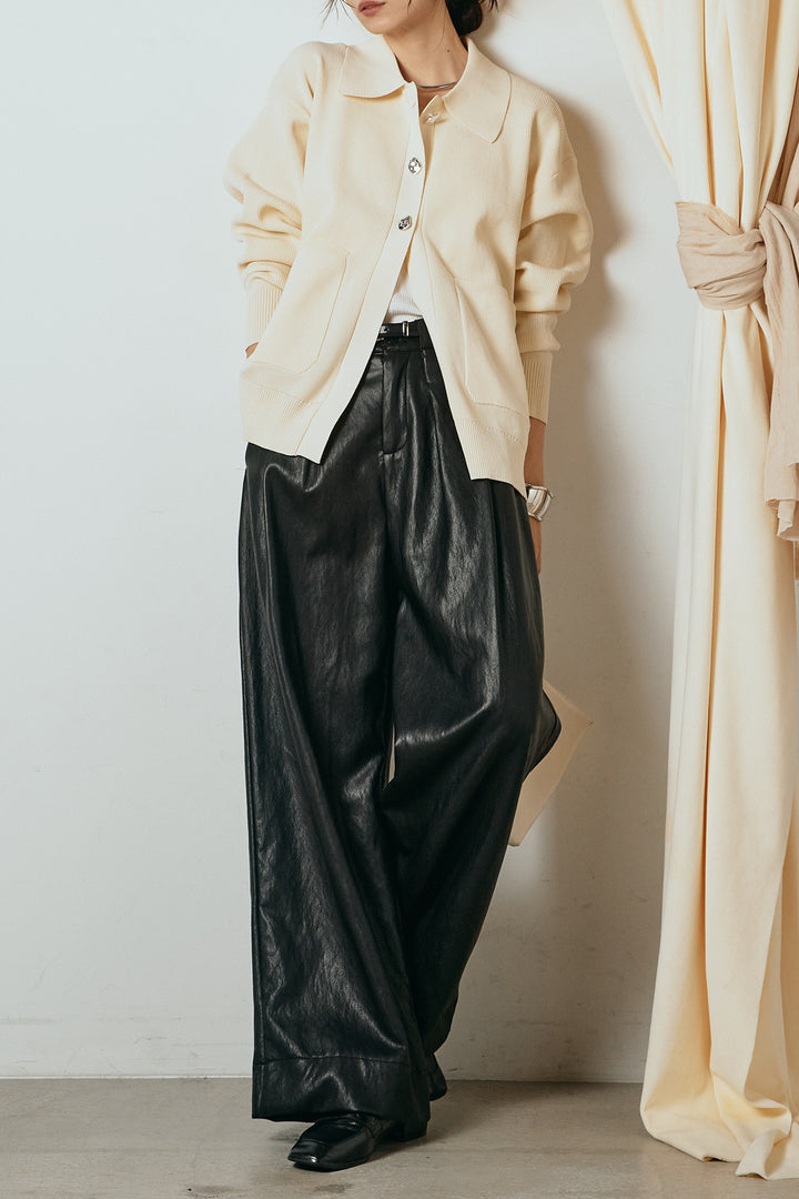 [SET]メタル釦衿付きニットカーディガン+ベルト付きレザーライクタックパンツ(2set)