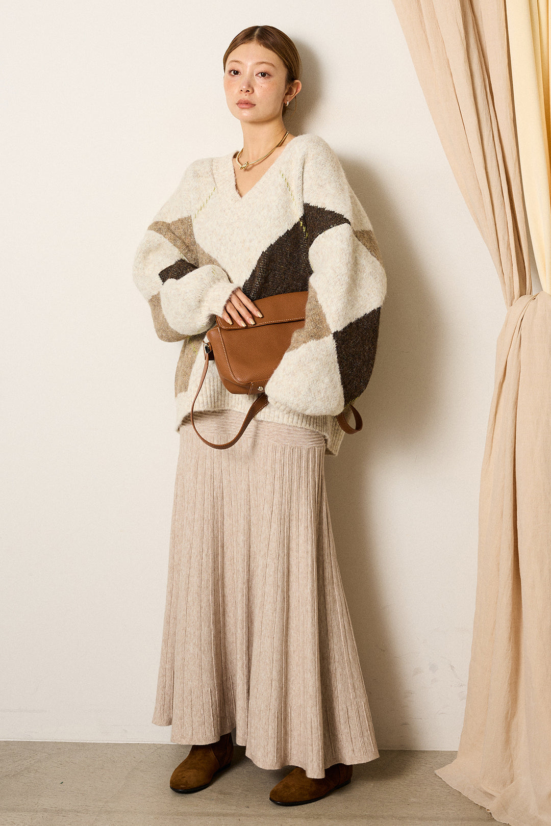 【着回しセット】[SET]ルーズアーガイルVネックニット+編み地切り替えフレアニットスカート+編み地切り替えフレアニットスカート(3set)