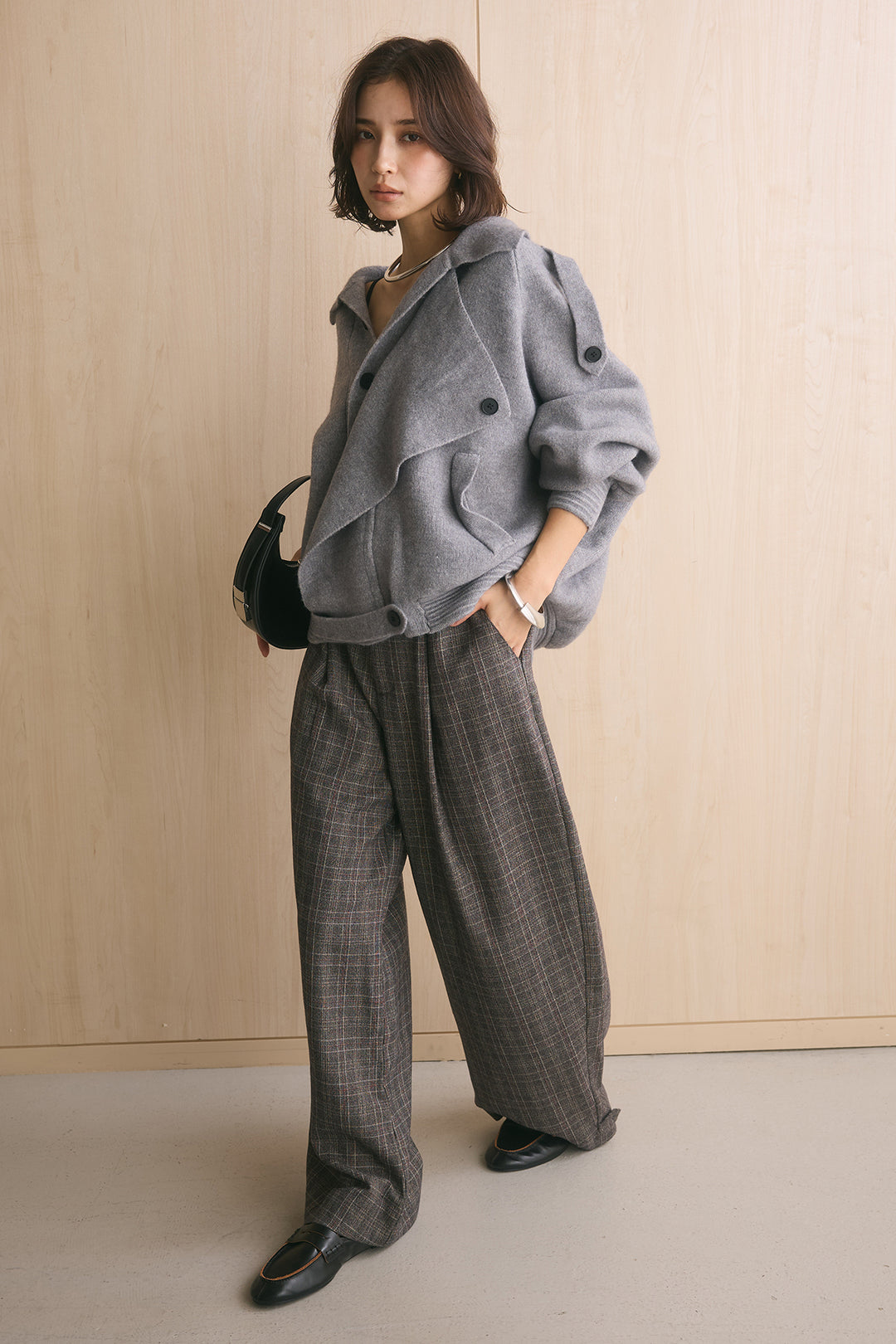 [SET]アシンメトリーデザインオーバーニットアウター+杢調ウィンドペンチェックタックパンツ(2set)