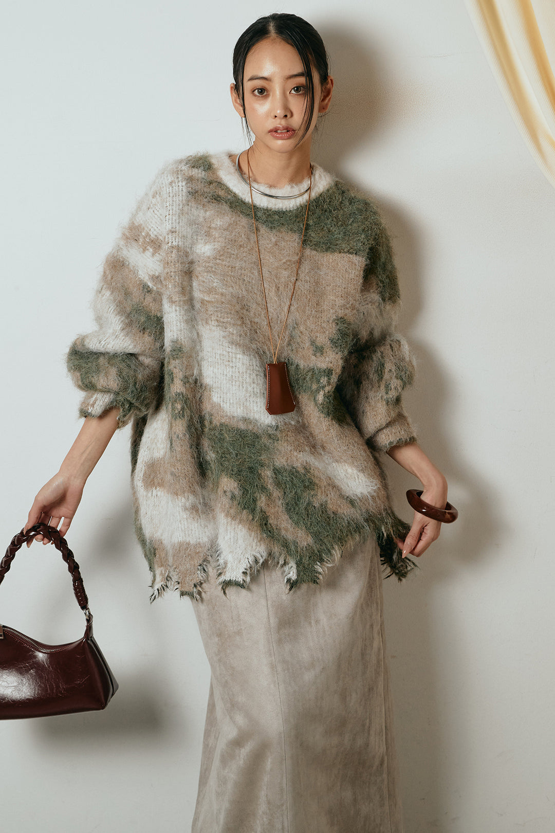 [SET]起毛裾デザインニュアンス柄ニットトップス+エコスウェードワイドスカート(2set)