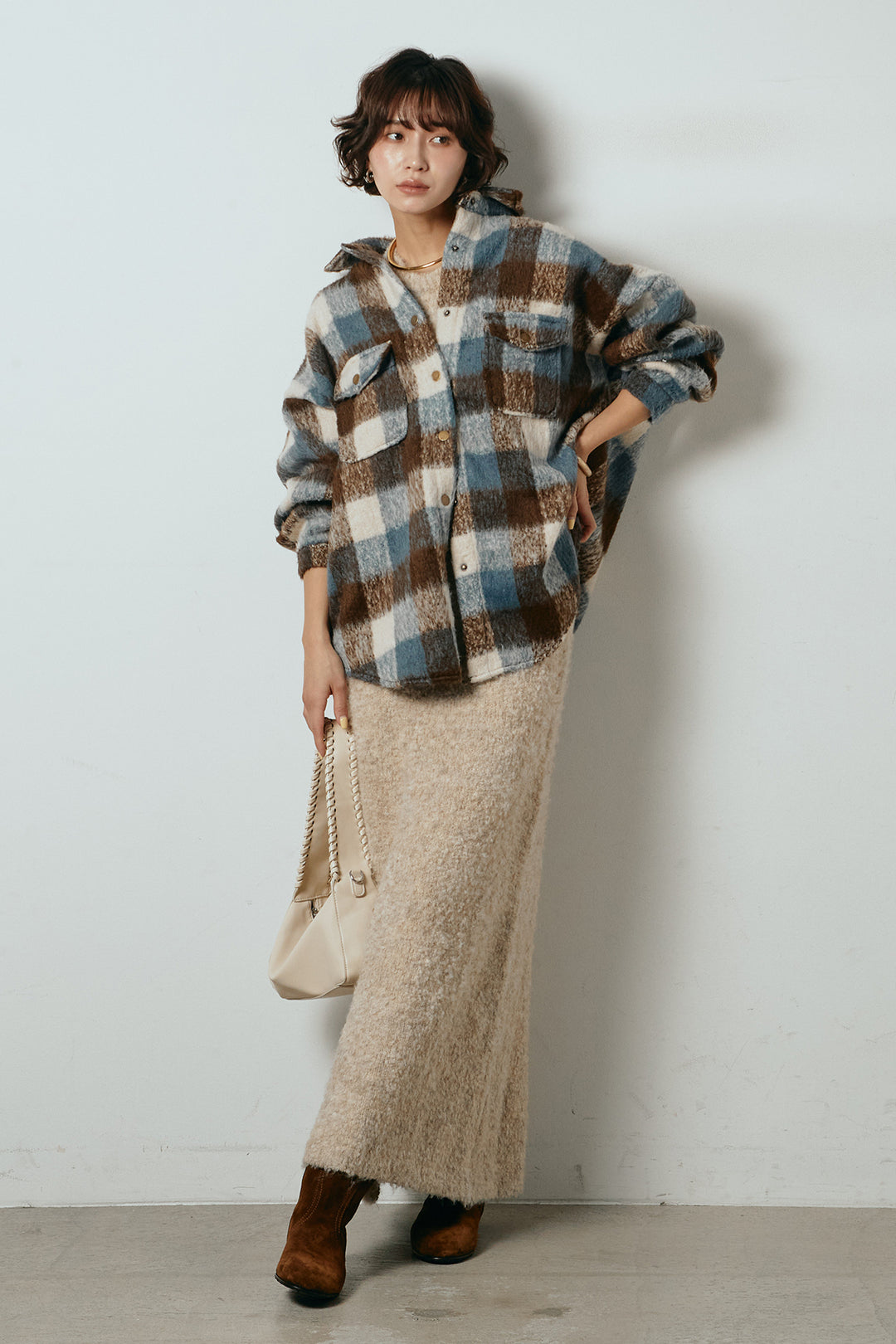 [SET]起毛チェック柄ポケットアウター+起毛ノースリーブニットロングワンピース(2set)