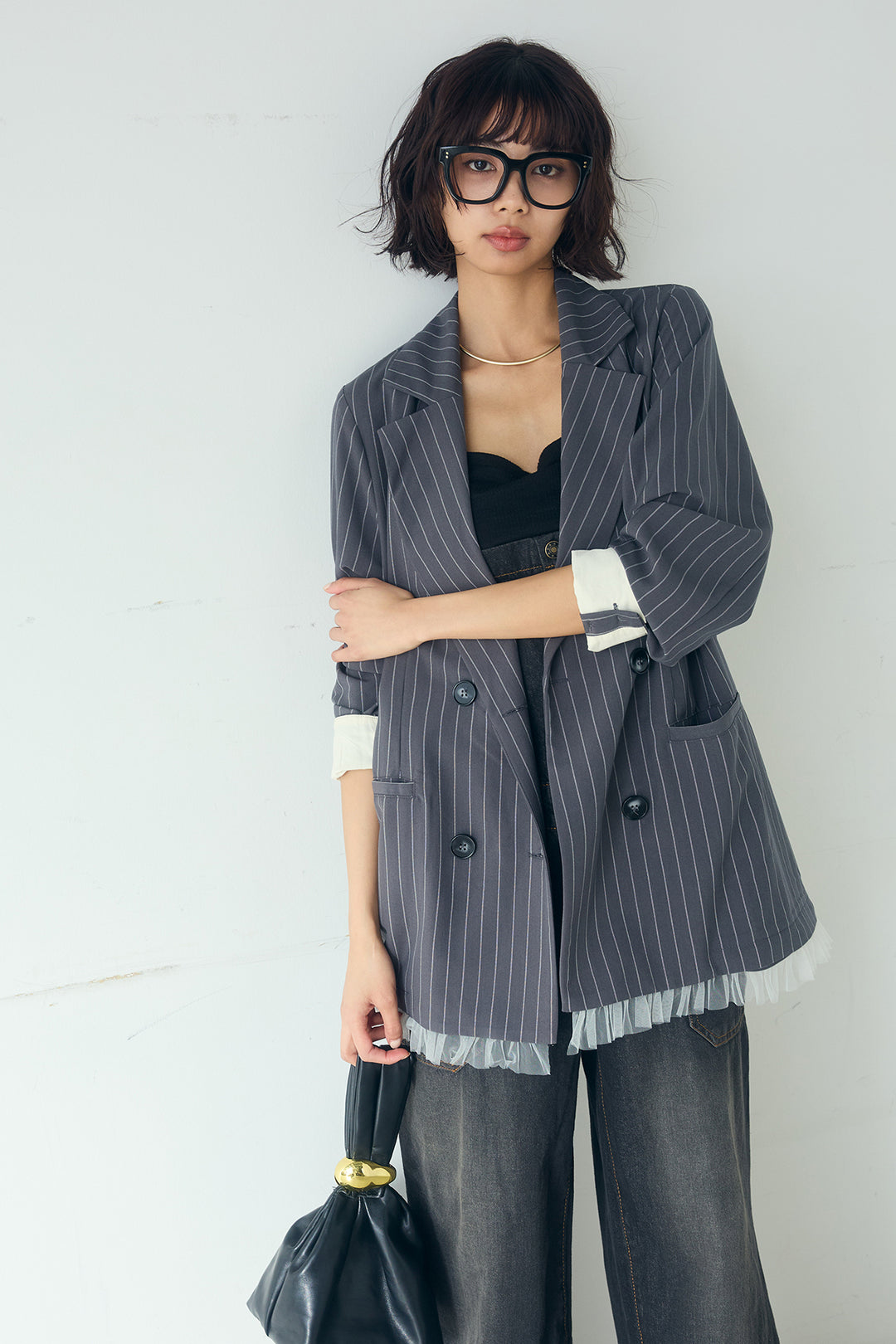 [SET]裾フリルダブルジャケット+デニムサロペットワイドパンツ(2set)