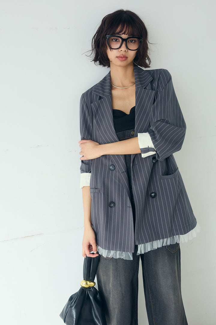 [SET]裾フリルダブルジャケット+デニムサロペットワイドパンツ(2set)