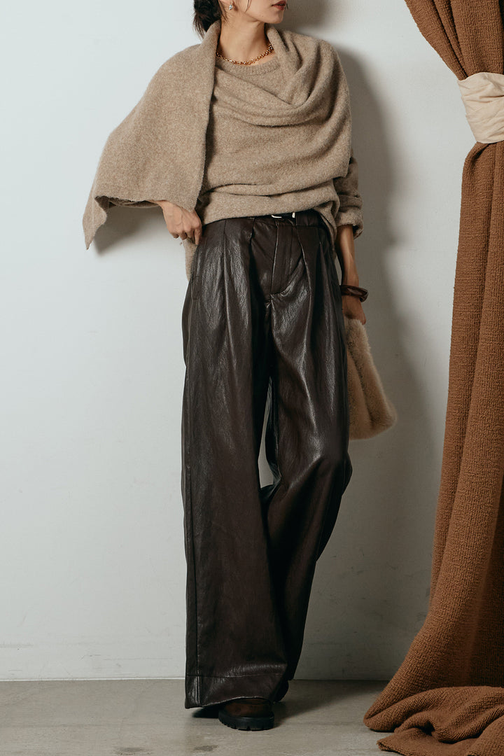 [SET]ネック巻きデザインニットトップス+ベルト付きレザーライクタックパンツ(2set)
