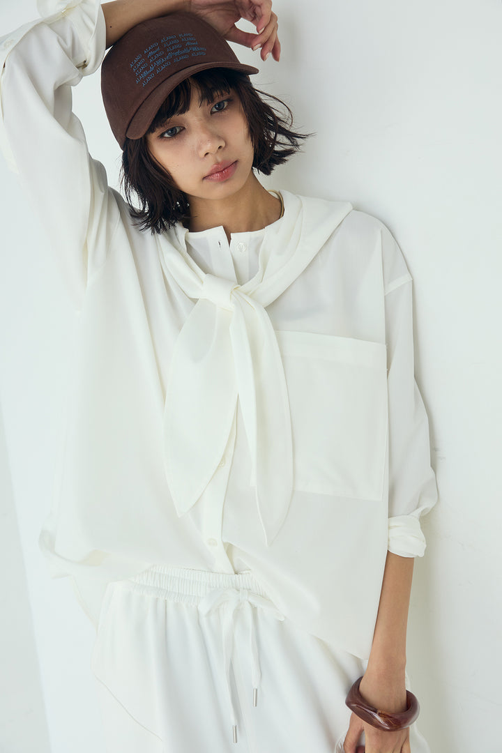 [SET]無地タイ付フーディーBIGシャツ+ランダムタックデザインワイドパンツ(2set)