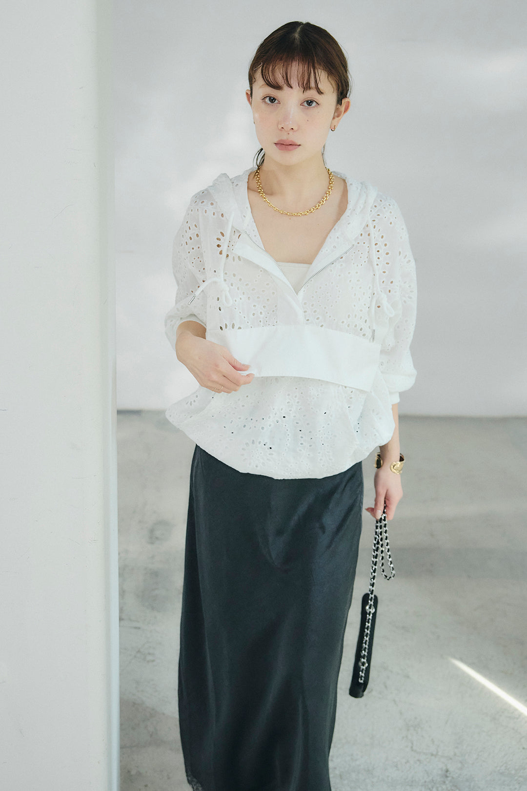 [SET]レースハーフジップアップフーディー+バイアスナローサテンスカート(2set)