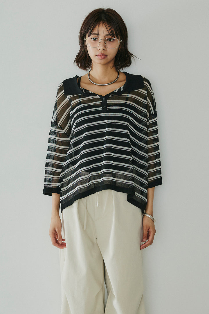 [SET]ボーダーニットポロシャツ+ニーサイドタックウエストドロスパンツ(2set)