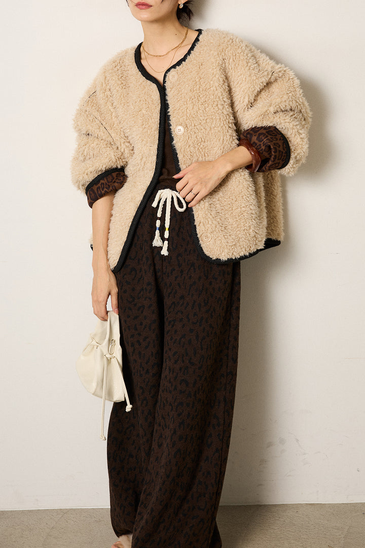 [SET]ノーカラー裏地レオパードボアアウター+レオパードジャガードニットパンツ(2set)