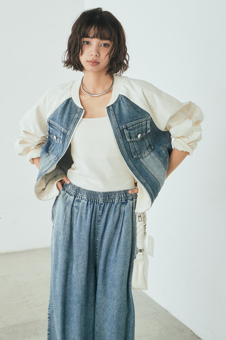 [SET]ナイロンデニムドッキングブルゾン+テンセルデニムイージーワイドパンツ(2set)