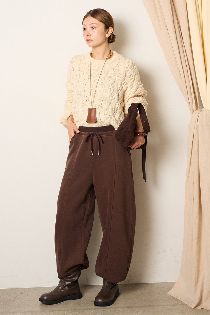 [SET]ケーブルリラックスショートニット+スウェットワイドカーブパンツ(2set)