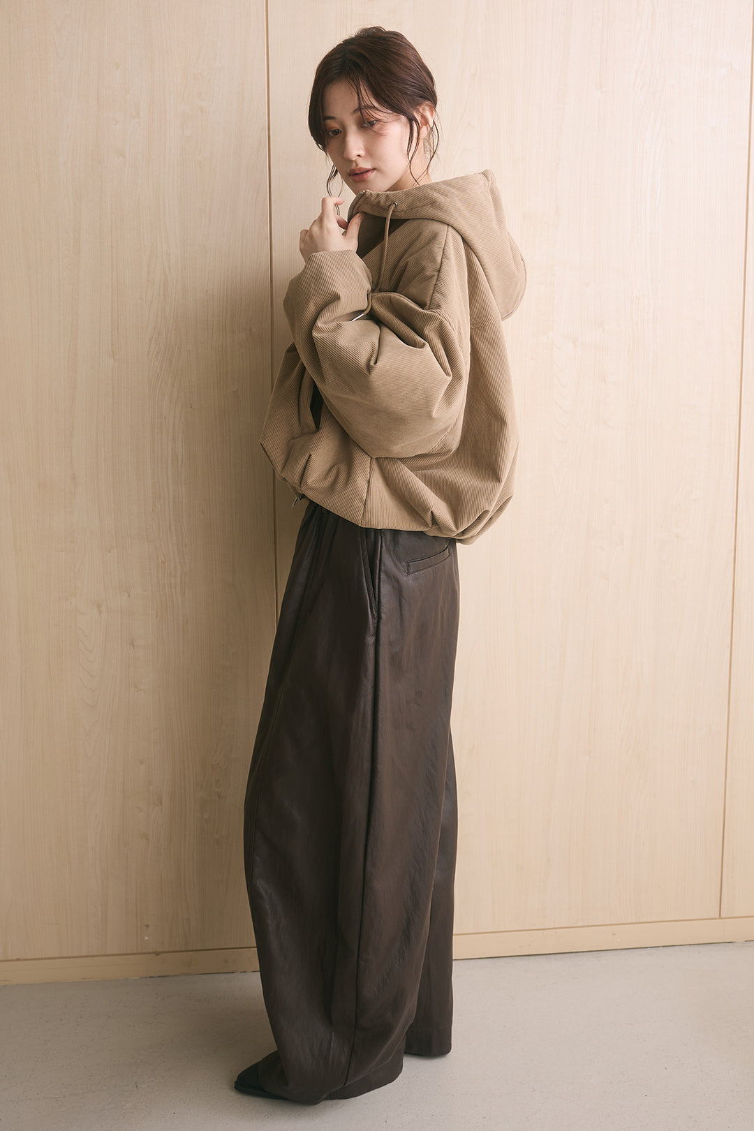 [SET]コーデュロイフーディバルーンブルゾン+フェイクレザーカーブワイドパンツ(2set)