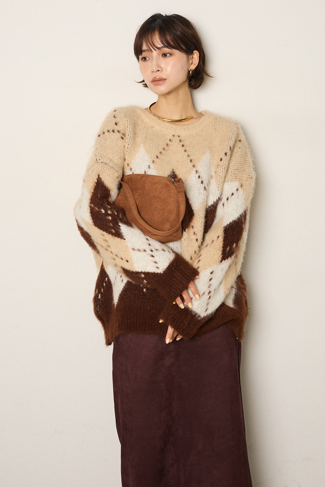 [SET]配色アーガイル柄ニットトップス+スウェードライク裾フリンジスカート(2set)