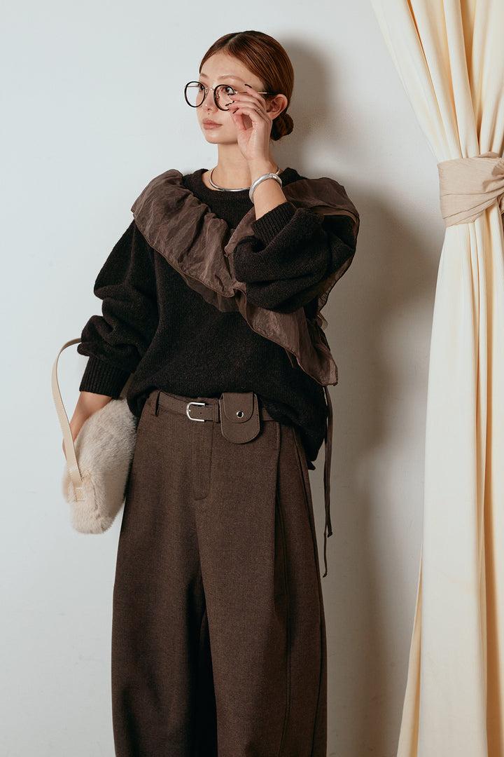 [SET]アシンメトリーフリルニットトップス+ポーチベルト付きカーブパンツ(2set)