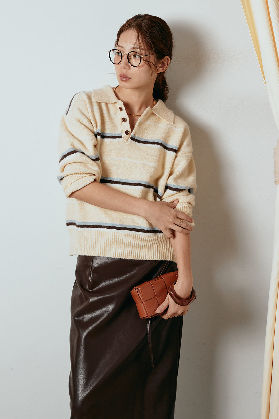 [SET]襟付きマルチボーダーニットポロトップス+紐付きフェイクレザーワイドスカート(2set)