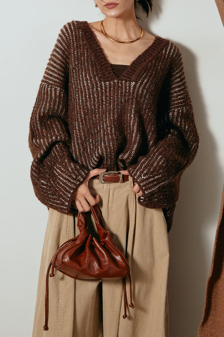 [SET]アルパカタッチ深Vニットトップス+タック入りコーデュロイワイドパンツ(2set)