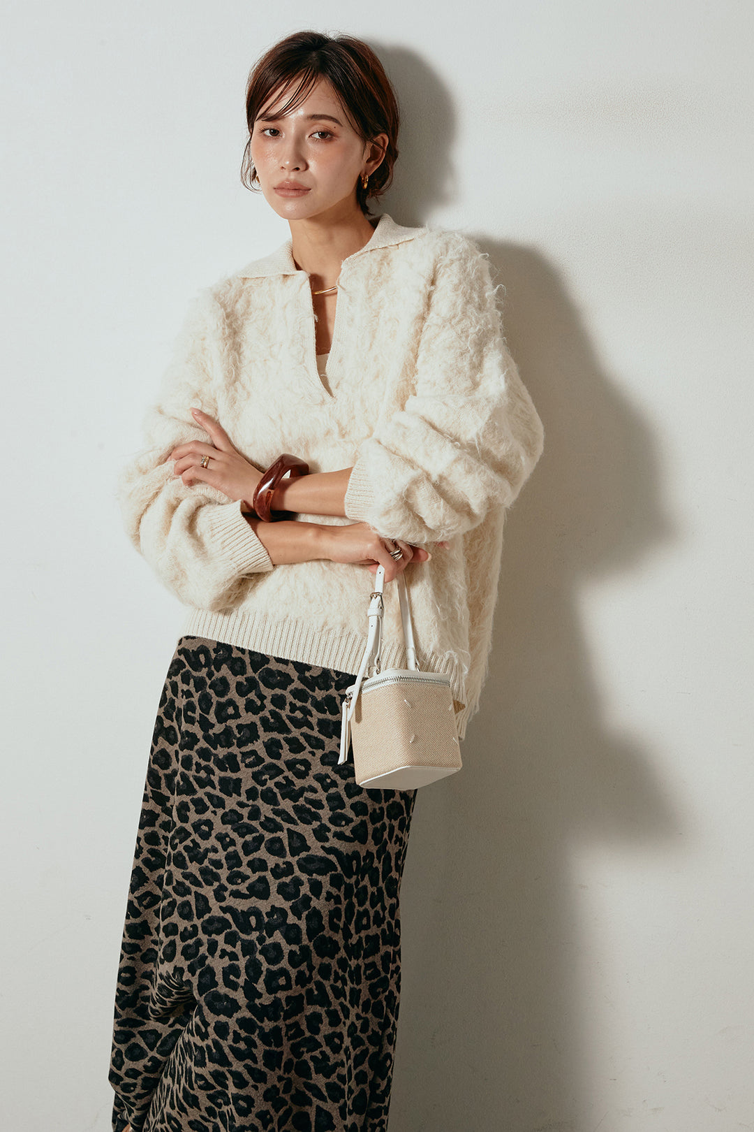 [SET]襟付きシャギーニットポロトップス+レオパードロングスカート(2set)