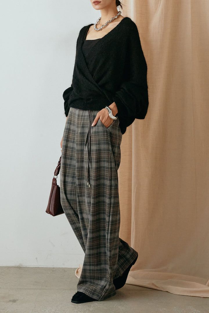 [SET]カシュクールデザインニット+編みベルト付きタータンチェックワイドパンツ(2set)