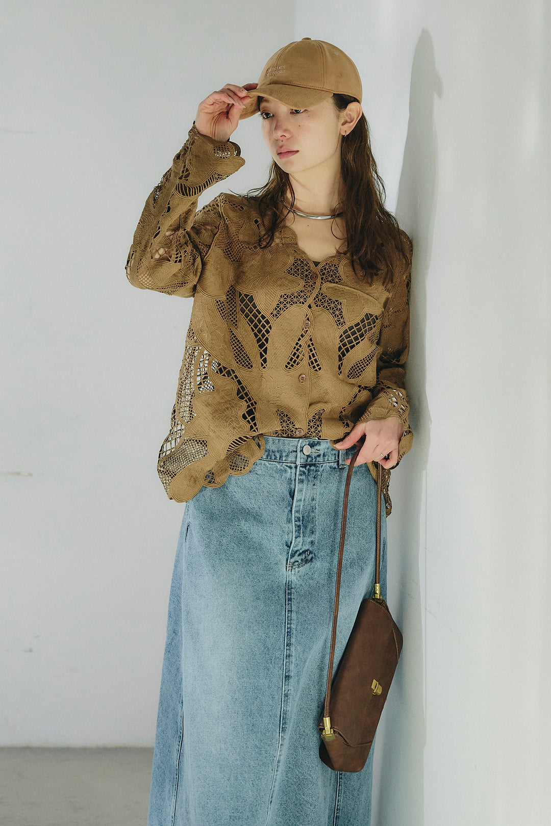 [SET]フラワー刺繍レースブラウス+デニムロングフレアスカート(2set)