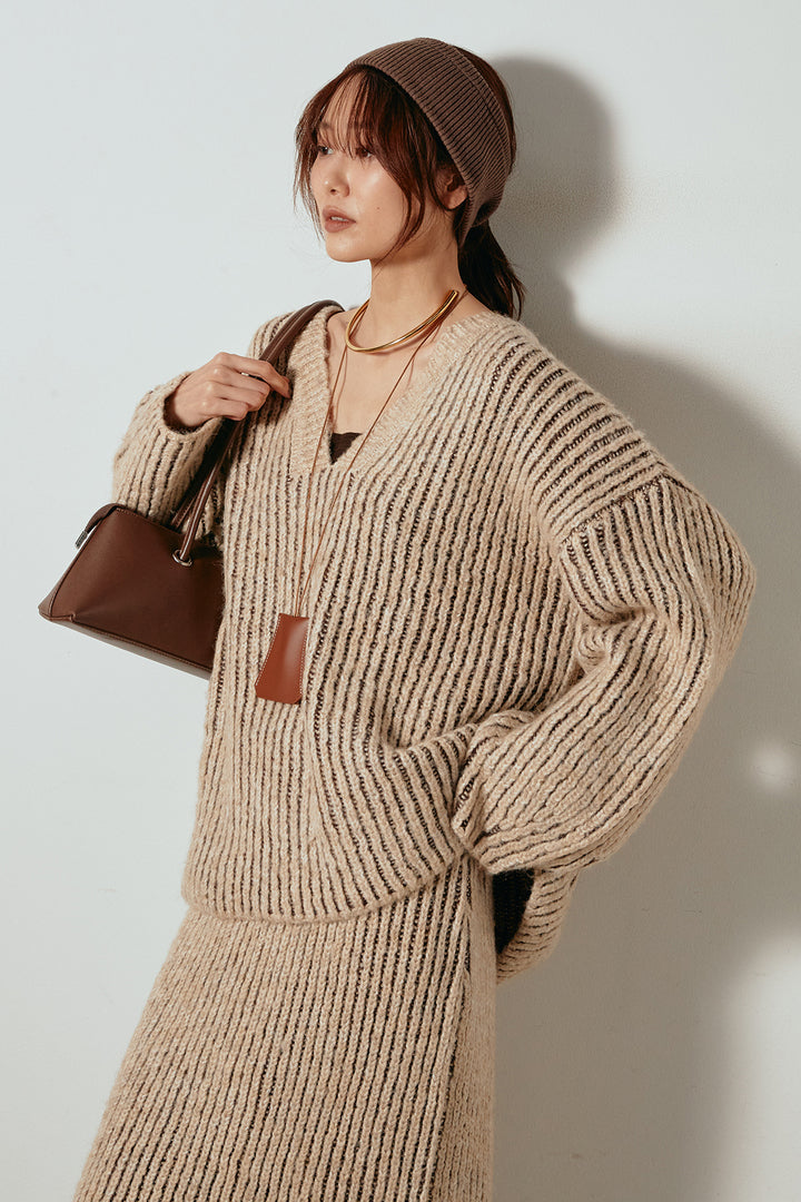 [SET]アルパカタッチ深Vニットトップス+アルパカタッチニットタイトスカート(2set)