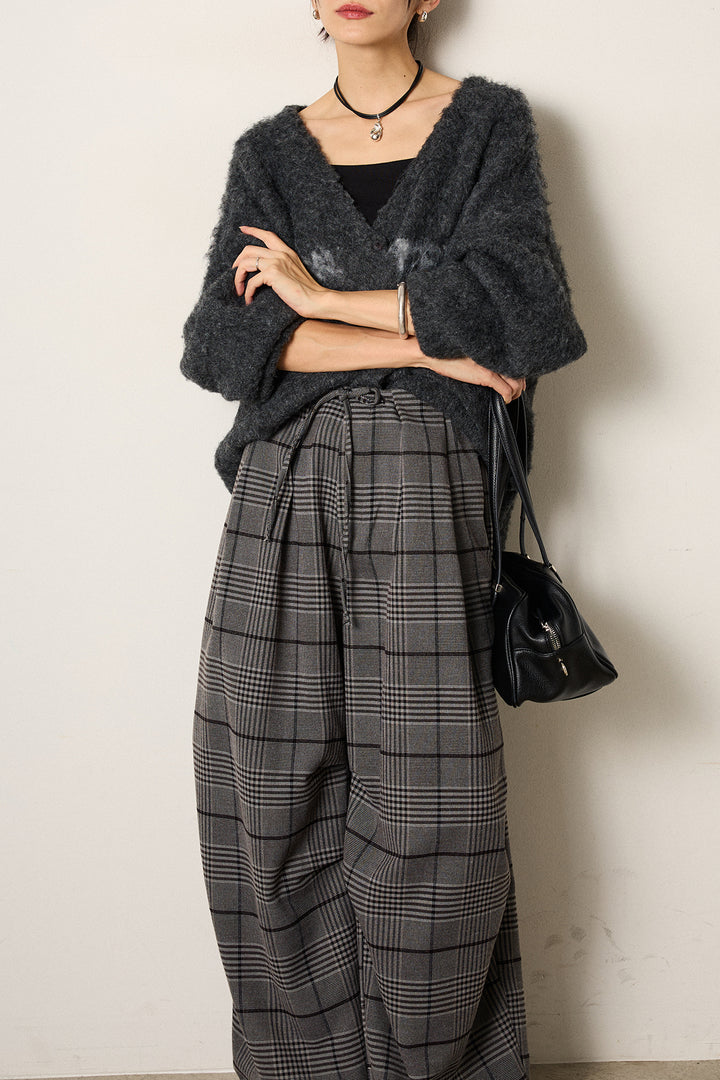 [SET]ウール混透かしロゴニットカーディガン+グレンチェックルーズタックパンツ(2set)