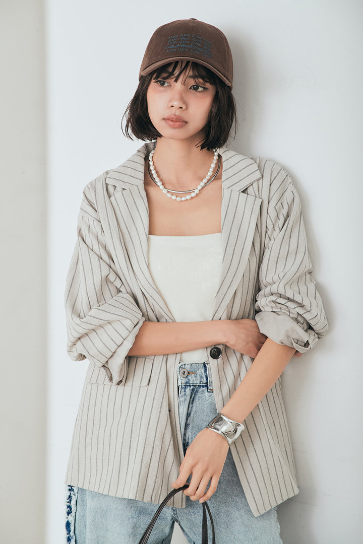 [SET]リネンライクストライプテーラードジャケット+デニムサイドフリルパンツ(2set)