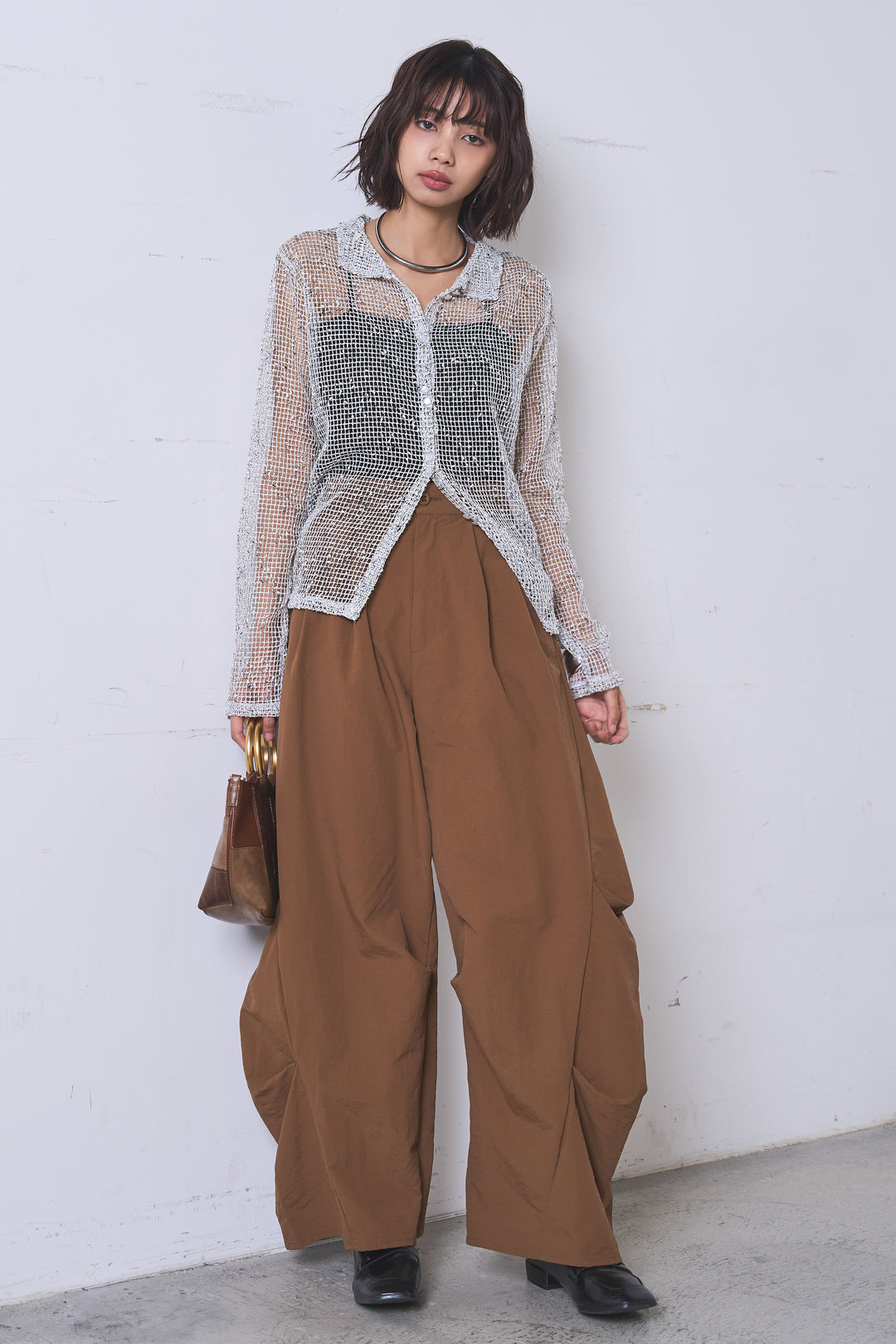 [SET]ネップメッシュポロ襟カーディガン+ドライタフタタックバレルパンツ(2set)