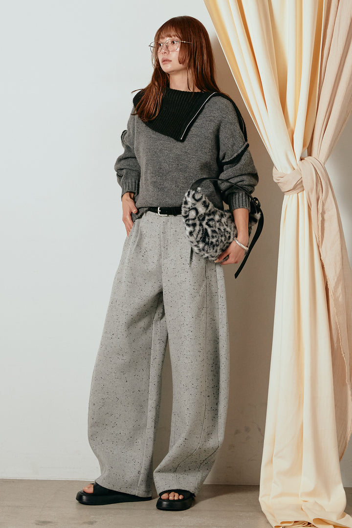 [SET]ハイネックジップデザインニットトップス+ベルト付きネップツイードカーブパンツ(2set)