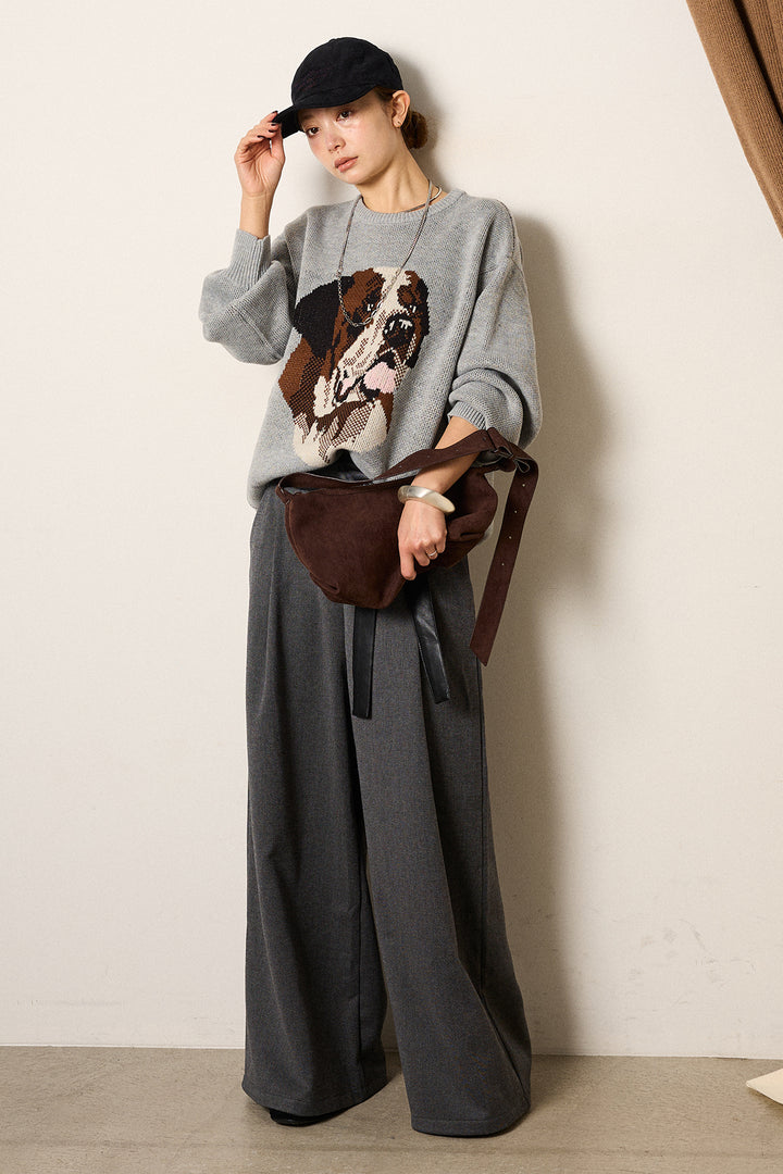 [SET]アニマルジャガード柄ニットトップス+巻ベルトウエストレザーライクワイドパンツ(2set)