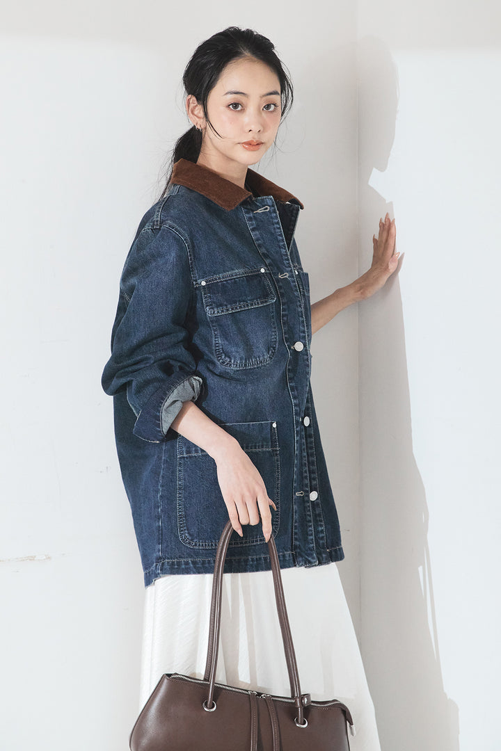 [SET]襟コーデュロイデニムカバーオール+裾レースデザインサテンスカート(2set)