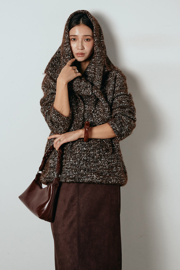 [SET]スカーフ付きミックスニットトップス+スウェードライク裾フリンジスカート(2set)