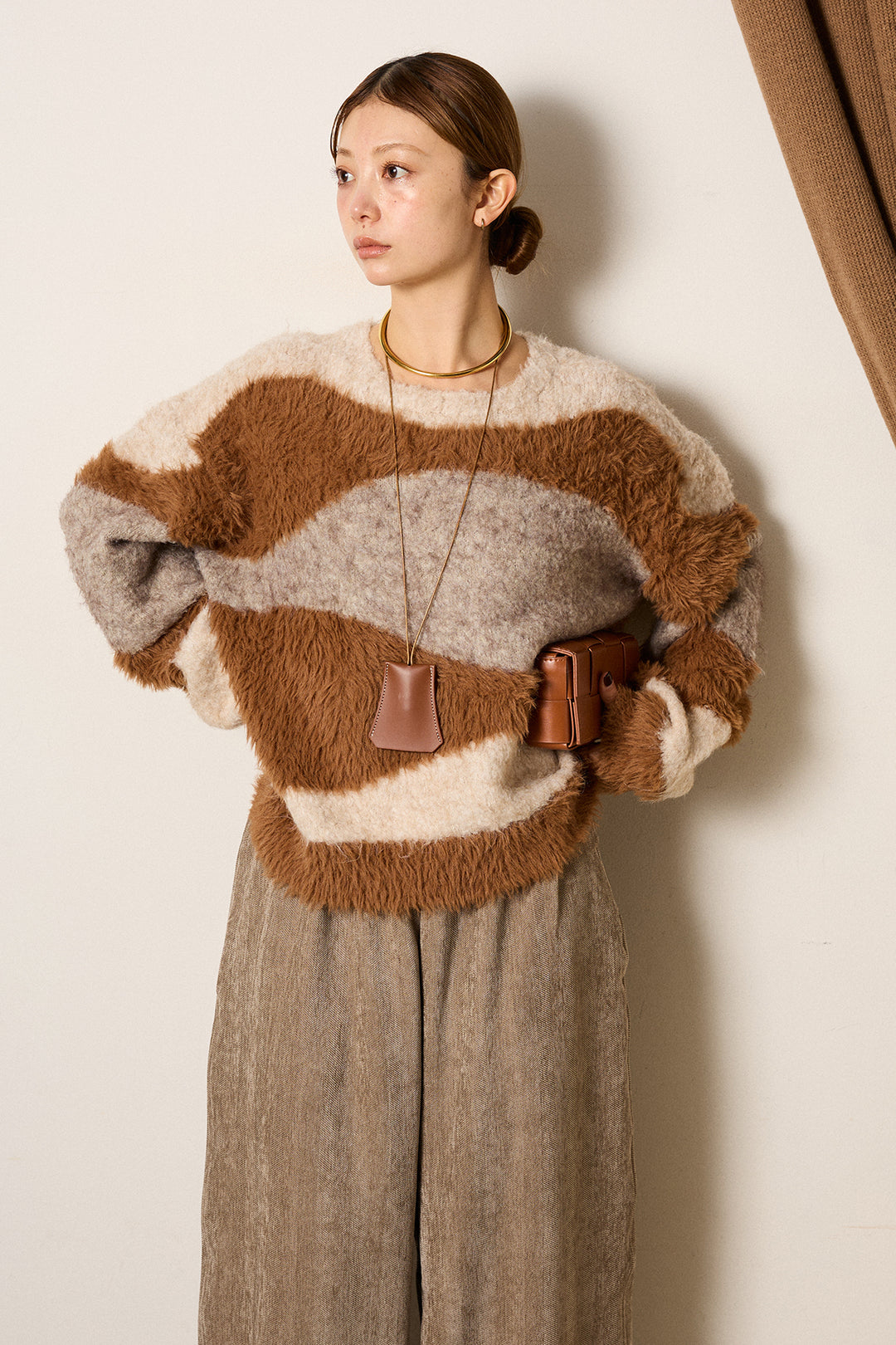 [SET]シャギーウェーブ柄クルーネックニットトップス+かすれデザインワイドパンツ(2set)