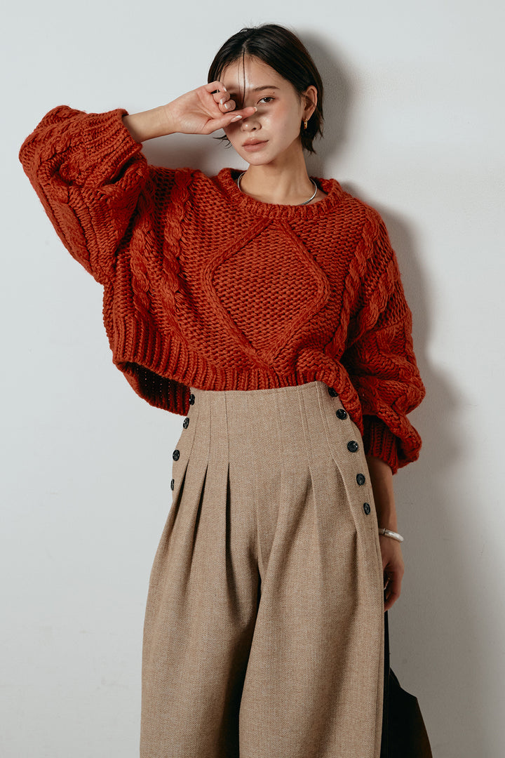 [SET]ロービングケーブルショート丈プルオーバー+サイドボタンツイードタックパンツ(2set)