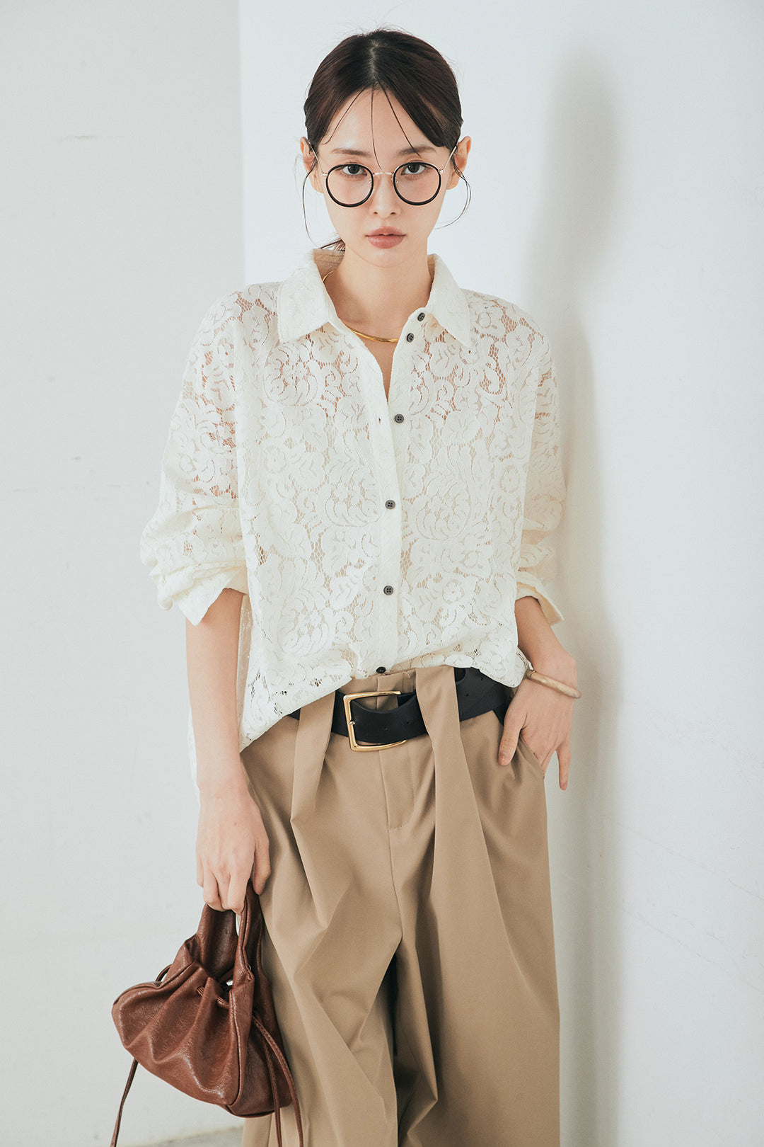 [SET]レース裾スカラップシャツ+ベルトループデザインハイウエストタックパンツ(2set)