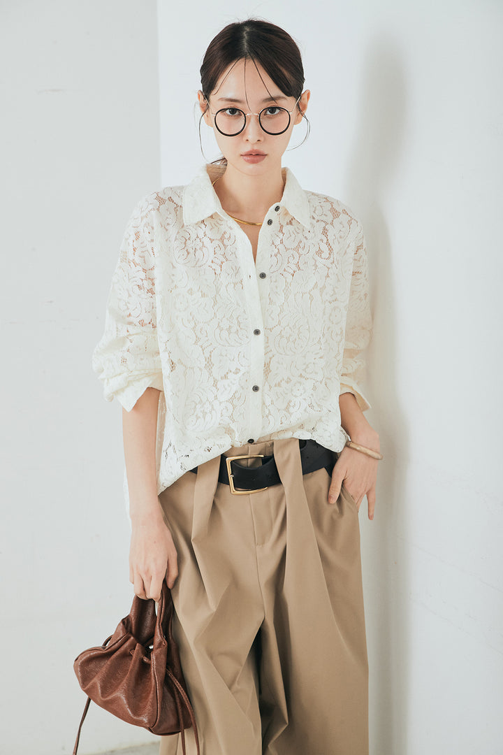 [SET]レース裾スカラップシャツ+ベルトループデザインハイウエストタックパンツ(2set)